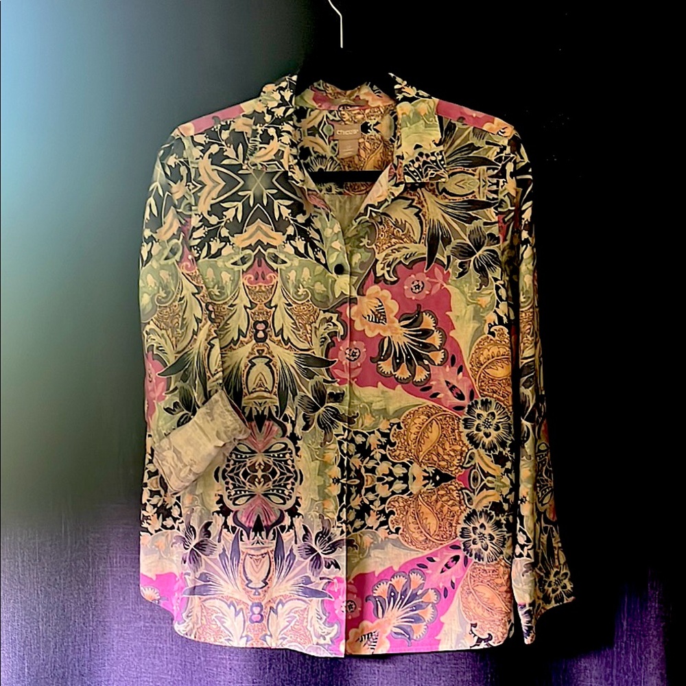 Chico's Pink and Green Blazer with Artistic Floral Design